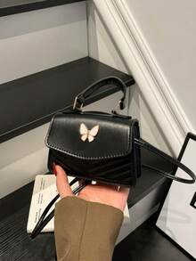 Mini V-Shaped Embossed Solid Color PU Ruffle Bow Flap Crossbody Bag For Women - Black - View 8