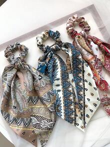 3 Stücke Set französischer Vintage Paris Muster bedruckter Seidenschal Haargummi, Kunstseide Satin Material, Schalband Design, hohe Elastizität, nicht schädigend, niedriger Pferdeschwanz Haargummi - Verschiedenfarbig - Übersicht 10