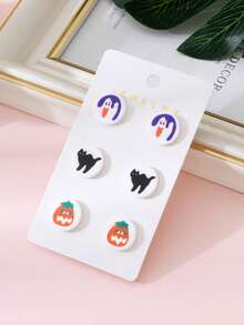 3 Pairs/Set Halloween Horror Witch Black Cat Pumpkin Design Women's Fashion Stud Earrings Set, Perfect Gift For Holiday Parties - Multicolor - View 3