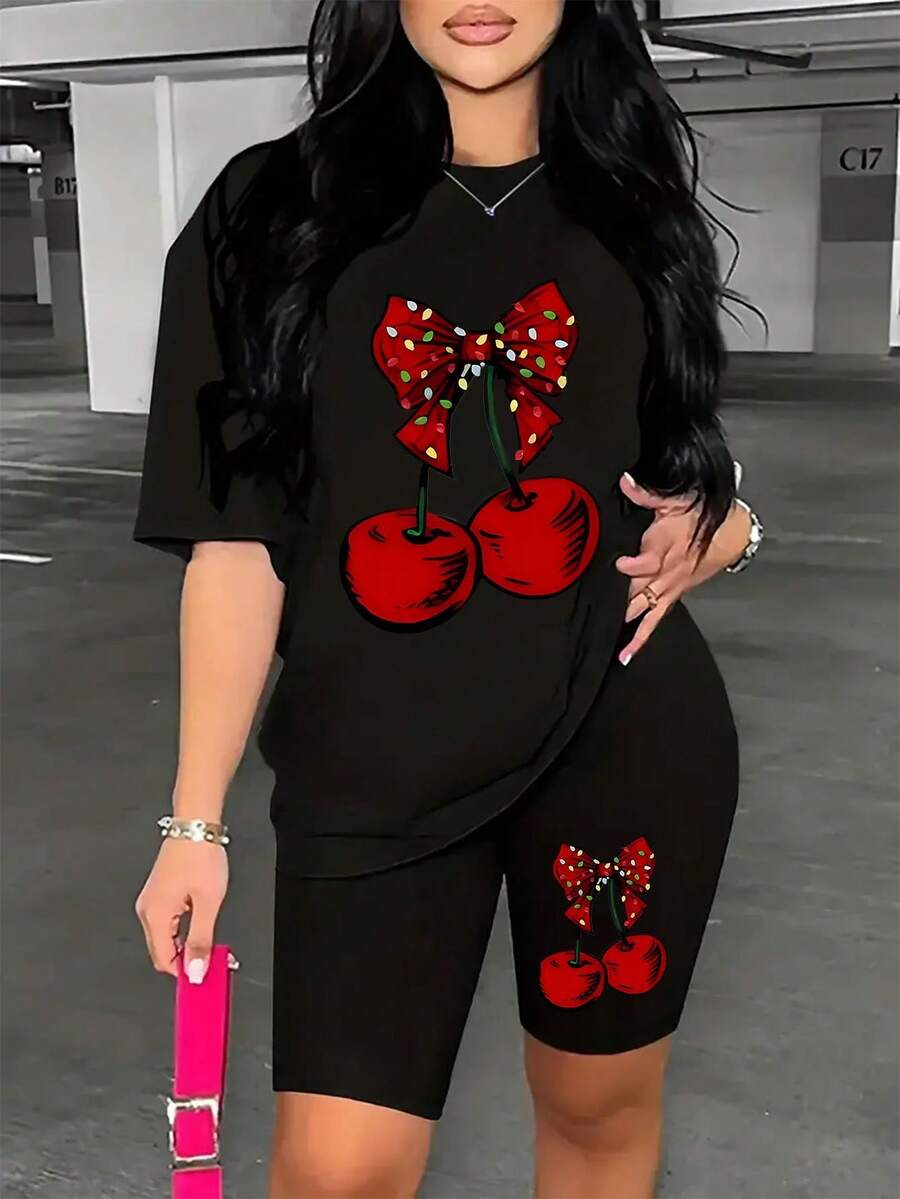 Un conjunto de manga corta para mujer, elegante e casual, , fabricado con material suave y transpirable, ideal para el ocio - negro+negro - Ver 1