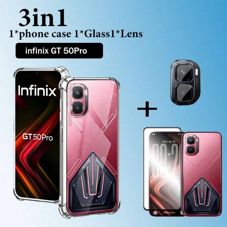 3合1新款 Infinix GT 50Pro 透明耐衝擊手機殼 TPU 矽膠軟殼 防震時尚防黃化 + 9H 硬度鋼化玻璃螢幕保護貼 防刮耐裂無氣泡 適合電競 + 鏡頭貼膜 3入組 簡易安裝套組 - 無色 - 查看 1