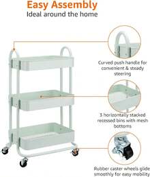Charcoal 3-Tier Rolling Kitchen Cart With Wheels Storage Trolley For Home Office Bathroom Organization - Mint Green - View 4