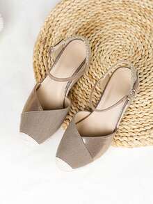 Closed-Toe Patchwork Webbing & Rubber Rope Design Lightweight Wedge Heel Fashion Women's Shoes - Khaki - View 3