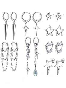 1/8 Pairs Neutral Gothic Decadent Emo Punk Y2K Korean Style Tassel Chain Water Drop Star Moon Pendant Huggie Earrings Gift - Silver - View 10