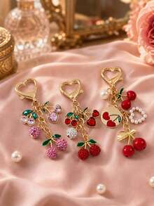 1pc Cherry Pearl Pendant, Gold Alloy Material, Enamel & Rhinestone Cherry Decor, Sweet Bag Charm, Graduation & Birthday Gift - Multicolor - View 1