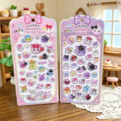 Heisei Retro 3D Crystal Embossed Stickers, Japanese Vintage Face-Chan Face-Kun, Face-Kun, Round Pink Cheeks, Soft Retro Showa Cute Art Style, Featuring Desserts, Candies, And Healing Animal Characters