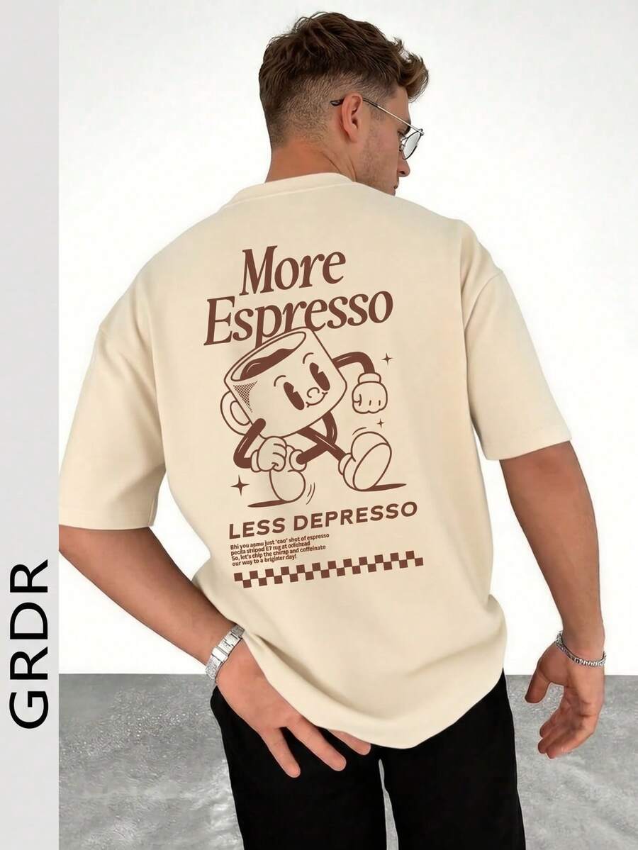 GRDR 男士可爱字母印花短袖T恤,轻薄透气,涤纶面料,适合夏季穿着,引领时尚潮流 - 杏色 - 查看 1