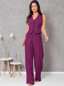 Tailored Suit Set: Vest With Dress Pants, Fashionable. - 玫瑰紅 - 查看 1