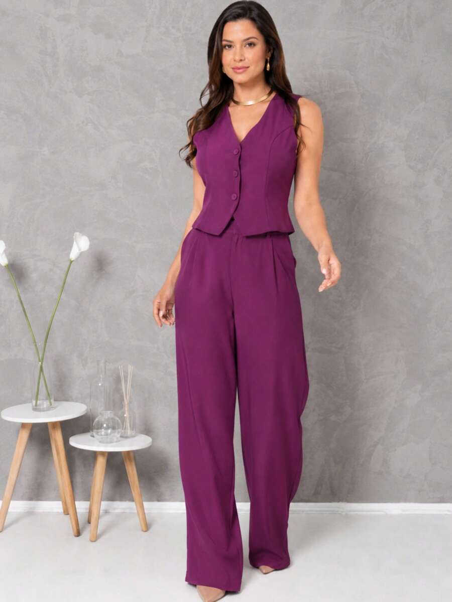 Tailored Suit Set: Vest With Dress Pants, Fashionable. - 玫瑰紅 - 查看 1