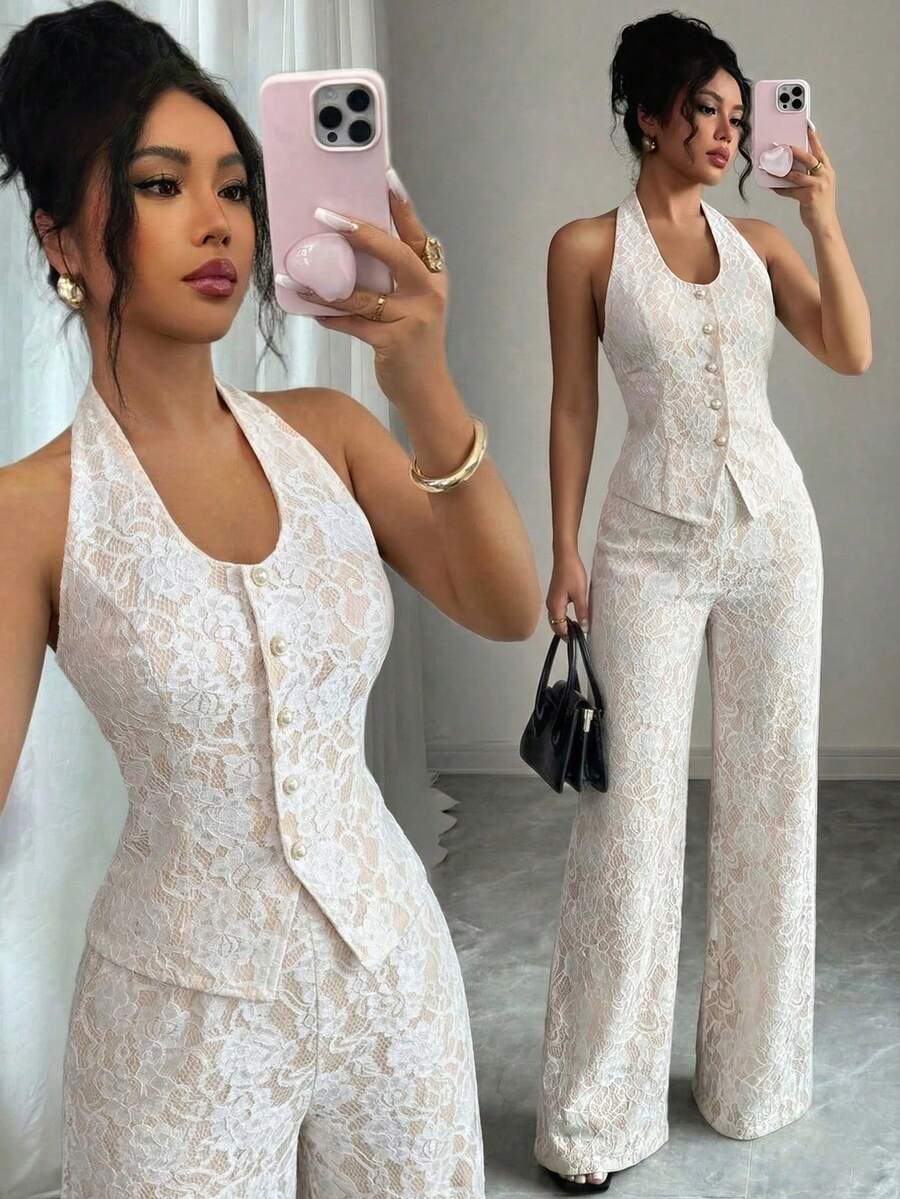 jo, ocasiones formales, viajes, vacaciones, fotografía callejera, conjunto de verano con top de tirantes y pantalones, nueva llegada de verano, diseño de nicho elegante y versátil para mujer - Albaricoque - Ver 1