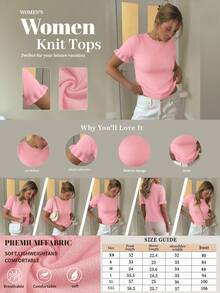 Women's Casual Solid Color Round Neck Frill Trim Ruched Short Sleeve Loose Wool Blend T-Shirt Top, Spring/Autumn Summer - Watermelon Pink - View 7