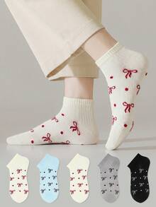 ZUJO 5 Pairs Bowknot Polka Dot Pattern Sweet Short Socks For Women, Soft And Breathable, Suitable For All-Season Daily Wear - Multicolor - View 1