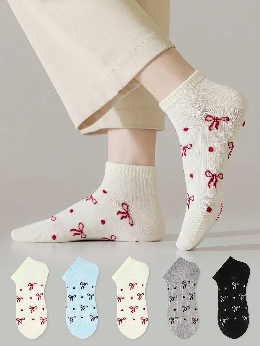 ZUJO 5 Pairs Bowknot Polka Dot Pattern Sweet Short Socks For Women, Soft And Breathable, Suitable For All-Season Daily Wear - Multicolor - View 1