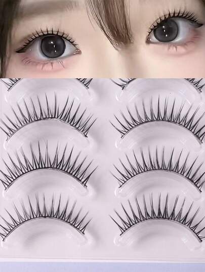 5對黑色韓系女團假睫毛，貓眼加長蓬鬆弧形捲條狀睫毛，3D自然豐盈睫毛配全黑棉質睫毛帶，柔軟舒適可重複使用，適合日常約會派對舞台妝容