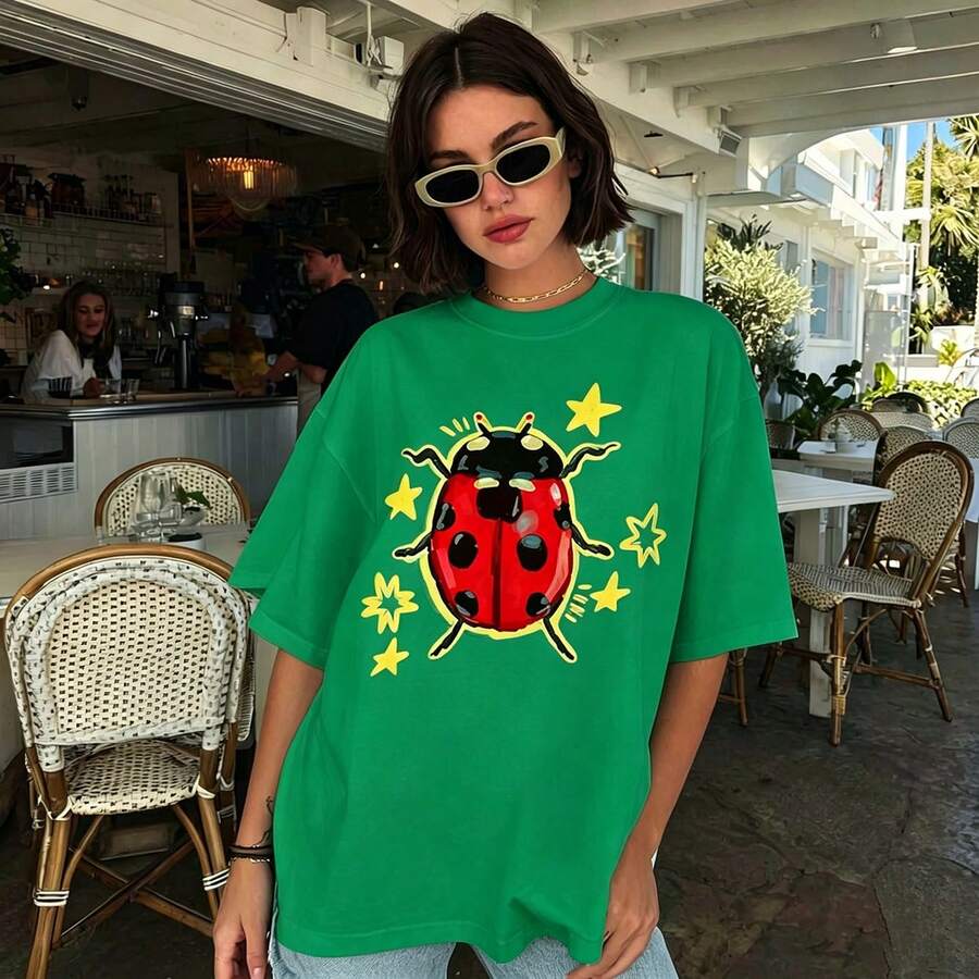100% Cotton Unisex Tee, Star & Ladybug Print, Vintage Style, Premium Fabric, Summer Graphic Top, Ideal For Daily Wear & Holiday Gifts - Green 2 - 查看 1