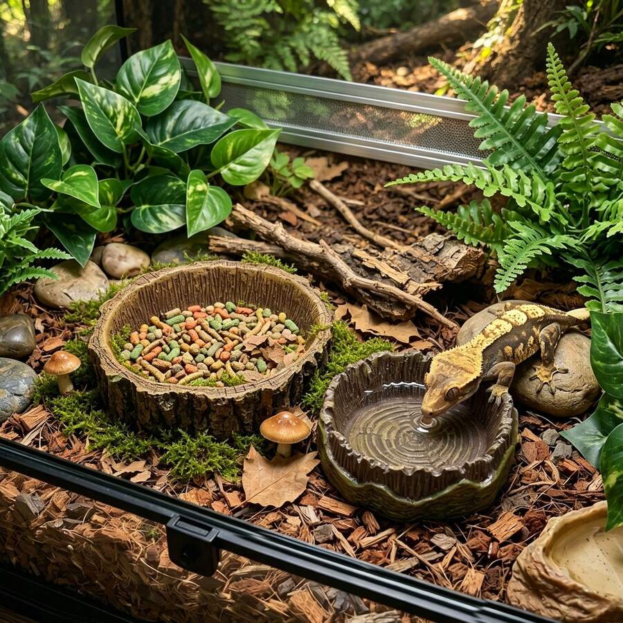 1個樹樁造型爬蟲餵食碗，樹脂水盤附穩定底座，適合壁虎、青蛙與烏龜，寵物餵食盆自然棲息地配件，爬蟲缸裝飾，適用於玻璃缸 - 多色 - 查看 1