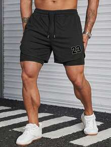 Men's Printed Minimalist Daily Print Outdoor Sports Elastic Breathable Tight Sweat-Absorbing Polyester Fabric Quick-Dry Shorts - Black - View 2