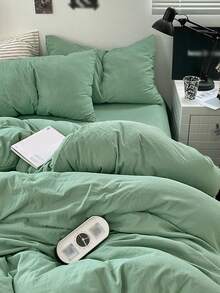 Juego de 3 piezas de funda nórdica de poliéster lavado con bloques de color azul & blanco, suave para la piel - verde menta - Ver 3