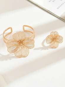 2pcs/Set New Creative Elegant Summer Floral European & American Style Personalized Bracelet And Ring Set, Suitable For Party, Daily Wear And Date Outfits - Yellow Gold - View 4