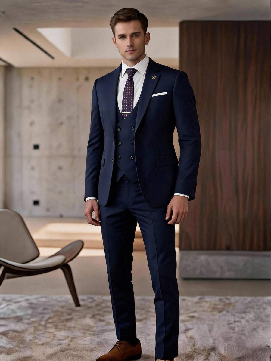 Men Suits Slim Fit For Business Work And Wear 3Pcs Set - Navy Blue - View 1
