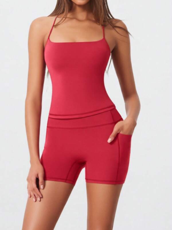OMKAGI Women Y-Back Spaghetti Strap Cami Tank Top Side Pocket Biker Shorts 2 Piece Set, Stretch Slim Fit Yoga Gym Workout Activewear Matching Outfit