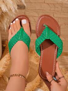 Pantuflas planas estilo boho, hebilla dorada, ligeras, cómodas para viajes de verano - Verde - Ver 1