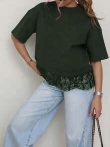 Solid Color Knit Fabric Lace Patchwork Short Sleeve T-Shirt For Women, Casual Sports Office Wear For Spring Summer - Dark Green - View 7