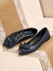 Pointed Toe Shallow Opening Bow Flat Shoes, Delicate Satin Texture, Soft And High-End Feel, Versatile Shoes. - Blue - View 4