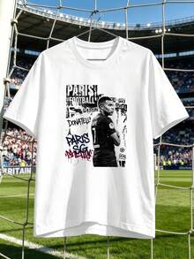 Herren-T-Shirt Mit Paris-Fu?Ballmotiv, Weiche Baumwolle, Rundhalsausschnitt, Lockere Passform, Bequem, Grafikdesign - White - View 2