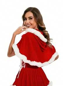 Selendang Natal Wanita - Merah & Hijau, Bahan Fleece Tebal, Model Berkerudung, Dapat Dicuci dengan Mesin, Hangat & Tahan Angin, Cocok untuk Pesta Liburan, Pertunjukan Panggung, Pertemuan Keluarga, Pakaian Rumahan, Desain Berkualitas, 100% Poliester - MultiWarna - View 1