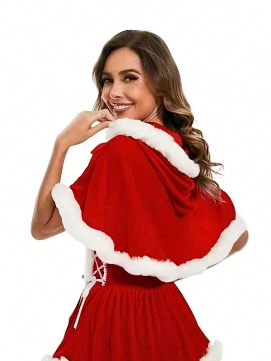 Selendang Natal Wanita - Merah & Hijau, Bahan Fleece Tebal, Model Berkerudung, Dapat Dicuci dengan Mesin, Hangat & Tahan Angin, Cocok untuk Pesta Liburan, Pertunjukan Panggung, Pertemuan Keluarga, Pakaian Rumahan, Desain Berkualitas, 100% Poliester - MultiWarna - View 1