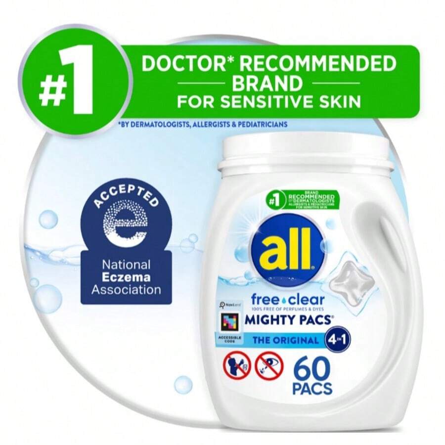 Tide All Free Clear Mighty Pacs Laundry Detergent, Hypoallergenic Formula, Dye-Free & Fragrance-Free, Powerful Stain Removal, HE Compatible, 60 Count - Detergent - View 1