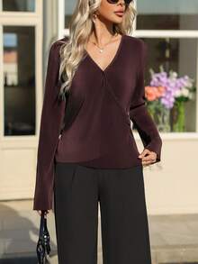 French Style Cross-Wrap V-Neck Pleated Long Sleeve Blouse With Side Ring Buckle Waist Cinch, Slim Fit Commuter Versatile Coffee Brown Top - Coffee Brown - View 5