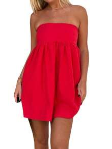 Women Tube Dress Solid Color A-Line Dress Strapless Dress Summer Backless Mini Dress - 紅色 - 查看 1