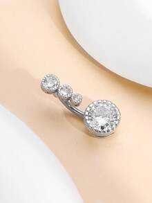 1pc Women's Zirconia Crystal Belly Button Ring, Navel Piercing Jewelry, Surgical Steel Barbell Heart/Round Shape - Silver - View 4