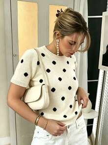 Retro Flocked Polka Dot Element Round Neck Short Sleeve Loose Casual Beige Base Black Dot Korean Relaxed Knit Top, Versatile For Spring/Autumn Commute, Daily Wear, Date - Oatmeal Color - View 1