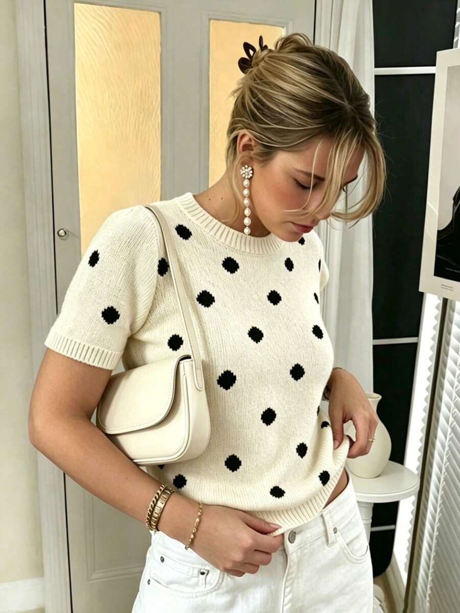 Retro Flocked Polka Dot Element Round Neck Short Sleeve Loose Casual Beige Base Black Dot Korean Relaxed Knit Top, Versatile For Spring/Autumn Commute, Daily Wear, Date - Oatmeal Color - View 1