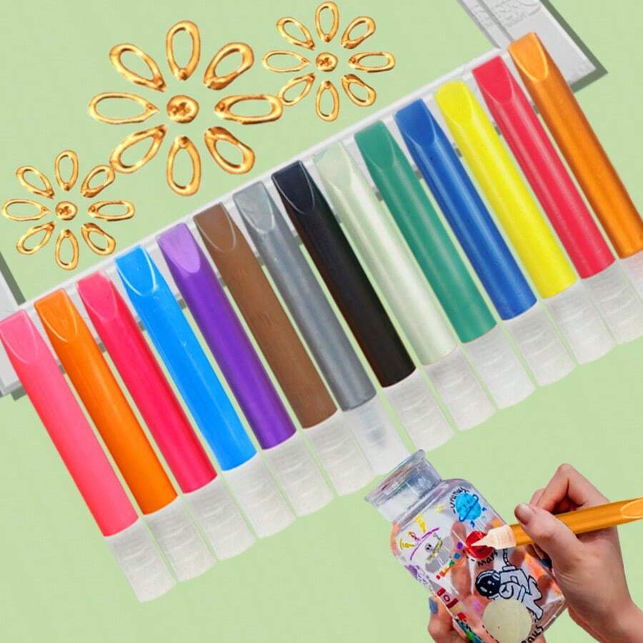 14pcs/Set 3D Outline Glass Paint 10ml Handmade DIY Outlining Powder Painting Acrylic Paint - Multicolor - View 1
