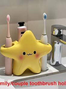 1PcCute Star Toothbrush Holder, Cute Expression Design-Independent Space-Saving Plastic Bathroom Storage Box, Durable Star Toothbrush Toothpaste Storage Device, Open Design Room Bathroom Storage Couple Multi-Functional Shelf. - Yellow - View 5