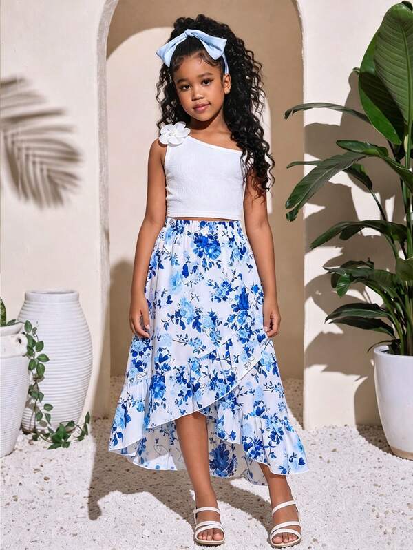2pcs/Set Girls' Floral Sleeveless Top & Blue-White Floral Patchwork Asymmetrical Hem Skirt, Fashionable & Fresh For Daily Wear, Beach, Vacation
