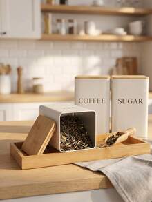 1/3pcs Tin Storage Canisters With Bamboo Lids - Moisture-Proof Airtight Kitchen Containers, Suitable For Coffee, Tea And Sugar - Easy-To-Reach Countertop Storage Rack - Black/White, Optional Tray - Multicolor - View 1