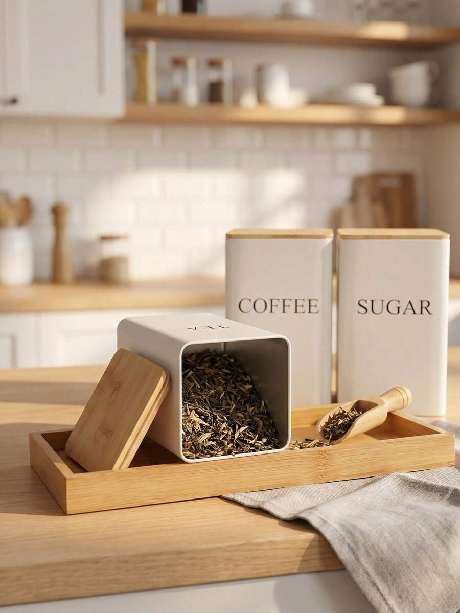 1/3pcs Tin Storage Canisters With Bamboo Lids - Moisture-Proof Airtight Kitchen Containers, Suitable For Coffee, Tea And Sugar - Easy-To-Reach Countertop Storage Rack - Black/White, Optional Tray - Multicolor - View 1