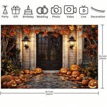 1 Piece Of Autumn Halloween Pumpkin House Background Cloth, Maple Leaf Door Background Photo, Studio Props, Halloween Party Decoration, Photography Background Cloth. - Multicolor - View 4