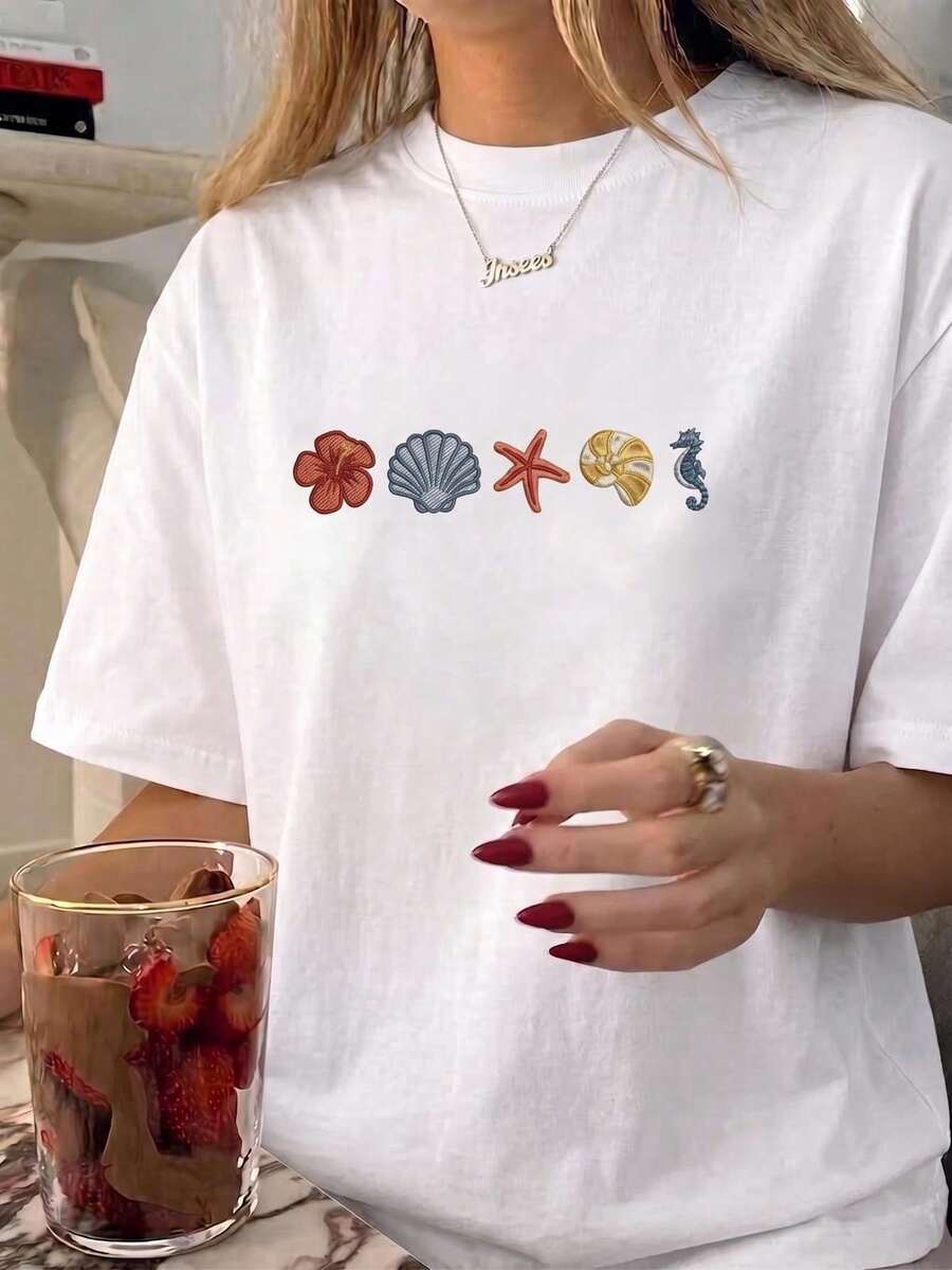 Women's Short-Sleeved T-Shirt, High-Quality Fabric, Loose And Casual Design. Modern Print, Ideal For Vacations, Walks, Or Travel. A Versatile Basic T-Shirt. - 白色 - 查看 1