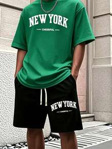 Men'S New York Casual Short Sleeve Black With White Lettering Casual Style| Comfortable Fit, PLUS SIZE  Men's Casual Outfit, Cotton Sportswear Set - 綠色 - 查看 8
