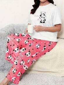 Plus Size Casual Comfortable Cartoon Print Short Sleeve Pink Bear Print Long Pants Women's Loungewear 2 Pieces Pajama Set - White - View 4