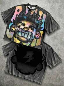 Manfinity Roghcode Men's Oversized Distressed Funny Diamond Teeth Tattoo Big Face Allover Print Cropped Loose 230g Washed T-Shirt (High Quality) - Warna Pudar - View 1