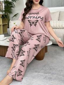 Plus Size Casual Comfortable Butterfly Print Short Sleeve Long Pants Women's Loungewear 2 Pieces Pajama Set - Pink - View 3