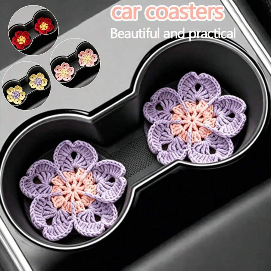 2 Stücke Auto-Zubehör Rosa/Rot/Gelb/Lila Auto-Becherhalter-Untersetzer Häkel-Becherhalter Handgefertigt Häkel-Strick Geeignet für Auto-Innenraum Platzierung Becherhalter Innen-Tisch-Untersetzer - A - Übersicht 1