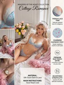 Women's Satin Floral Print Bra And Thong Set, Lace Trim 2-Piece Lingerie Set - Dusty Blue - View 6